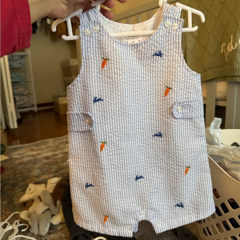 Mud Pie Striped Baby Romper with Carrots and Bunnies Embroidery - 6-9m